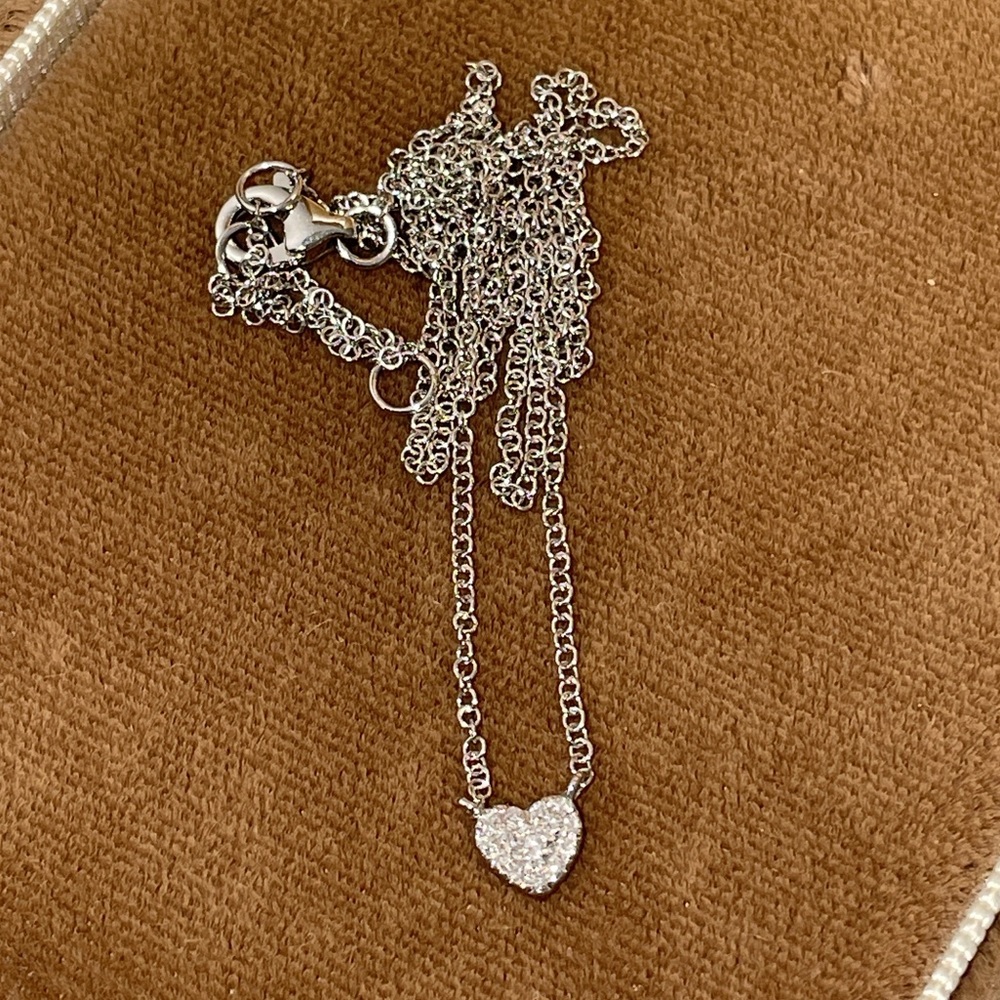Solid 14K White Gold Tiny Natural Diamond Heart XS Pendant Necklace Minimalist